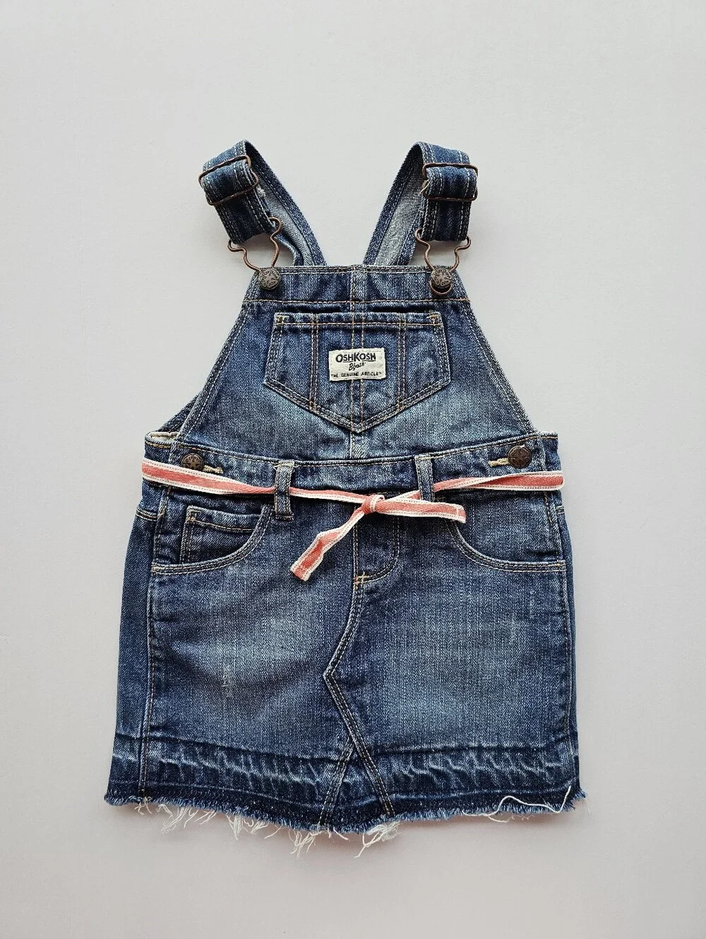 OshKosh B'gosh Denim Overall Skirt with Pink-Striped Belt, Pinafore Jeans Jumper